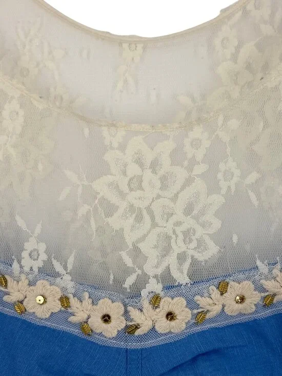 VTG Free People Crystallized Linen Crochet Lace Yoke Paisley Mini Shift Dress 10 - Picture 14 of 16